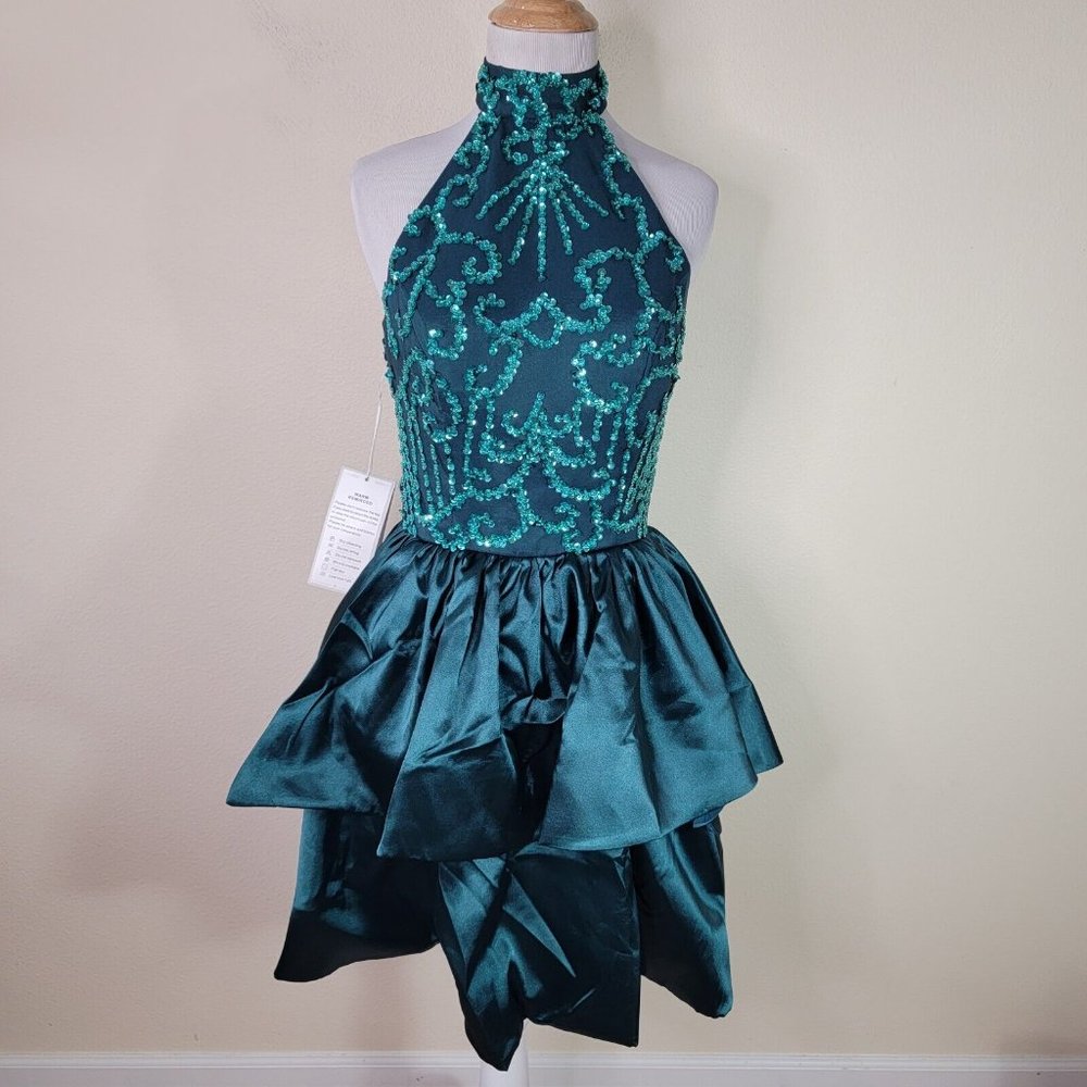 Women's Hunter Green Sequin Beaded Satin Ruffle Sleeveless Short Formal Dress XS